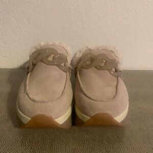 Dolce Vita Tan Suede Mules with Chain Accent